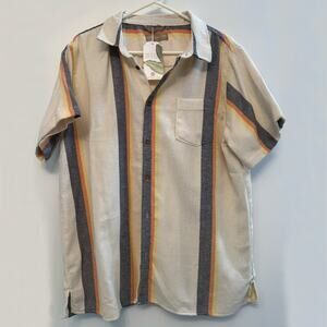 Men’s Cream Striped Short Sleeve Button Up Shirt Textured Woven Pocket Casual